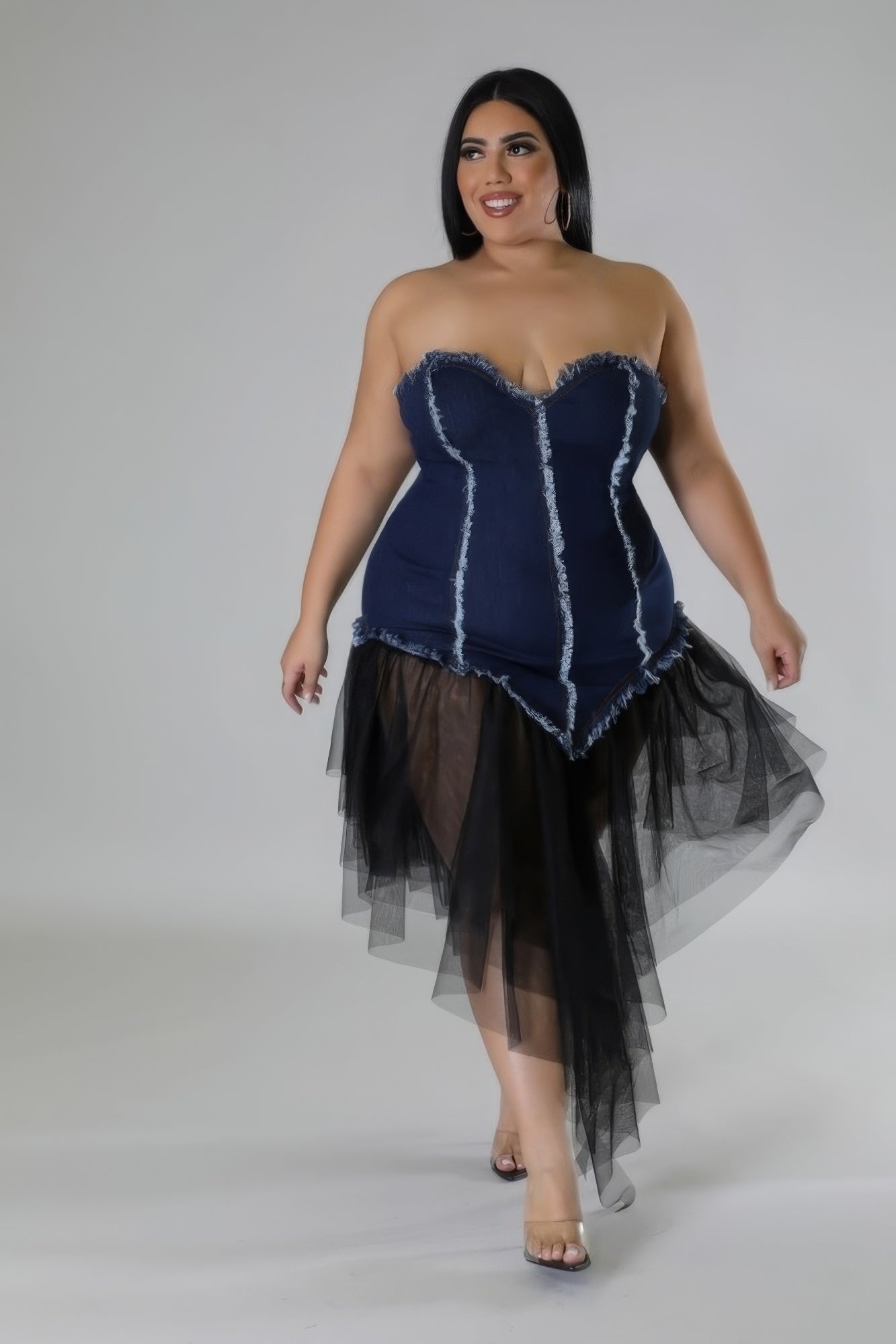 Plus size denim tube dress with sweetheart neckline and tulle skirt, showcasing a stylish and structured non-stretch design.