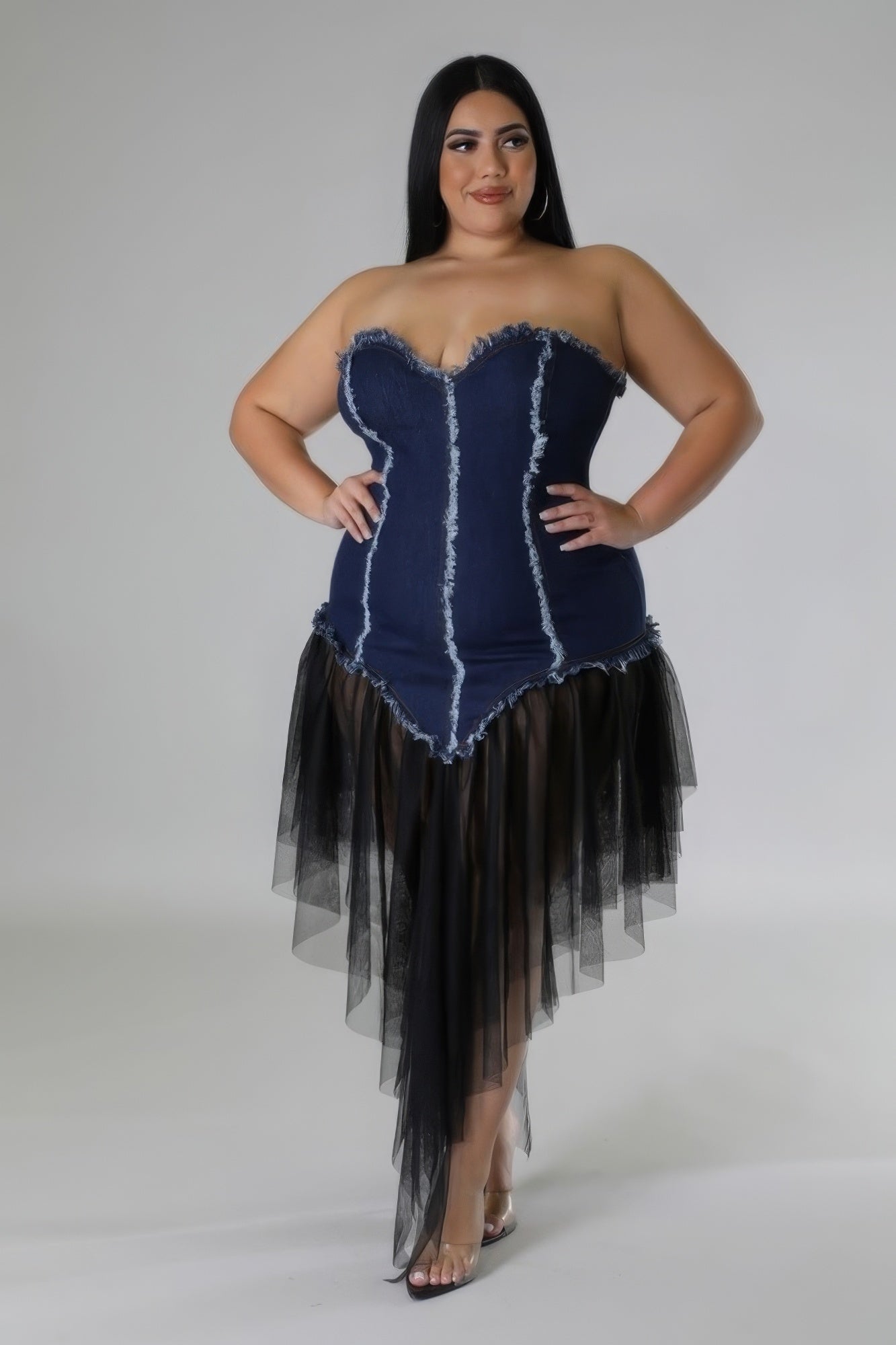 Plus size tube dress with sweetheart neckline and denim fabric, featuring a structured fit and mesh skirt for a classic look.