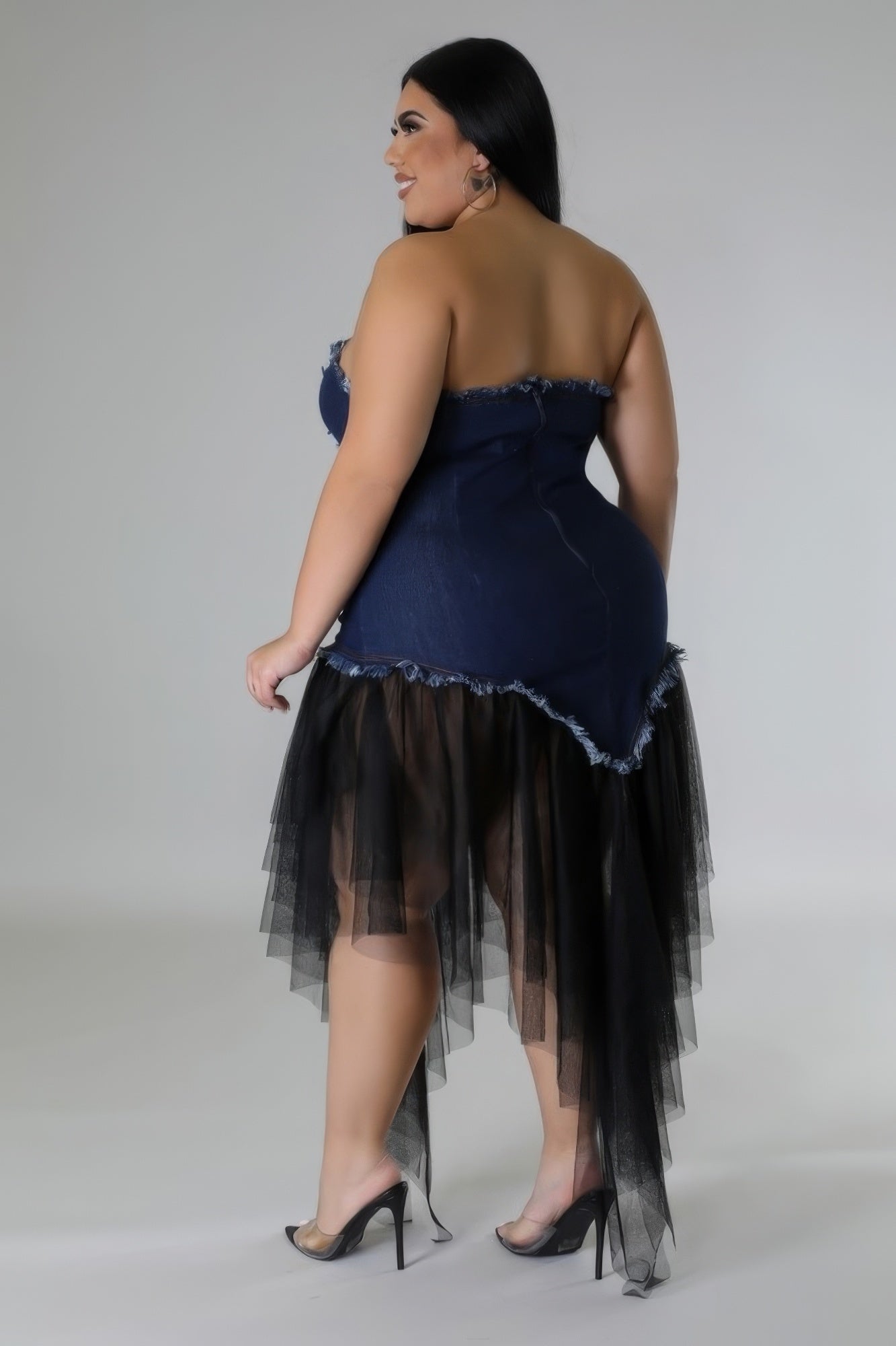 Plus size denim tube dress with tulle skirt, featuring a sweetheart neckline, shown from the back.