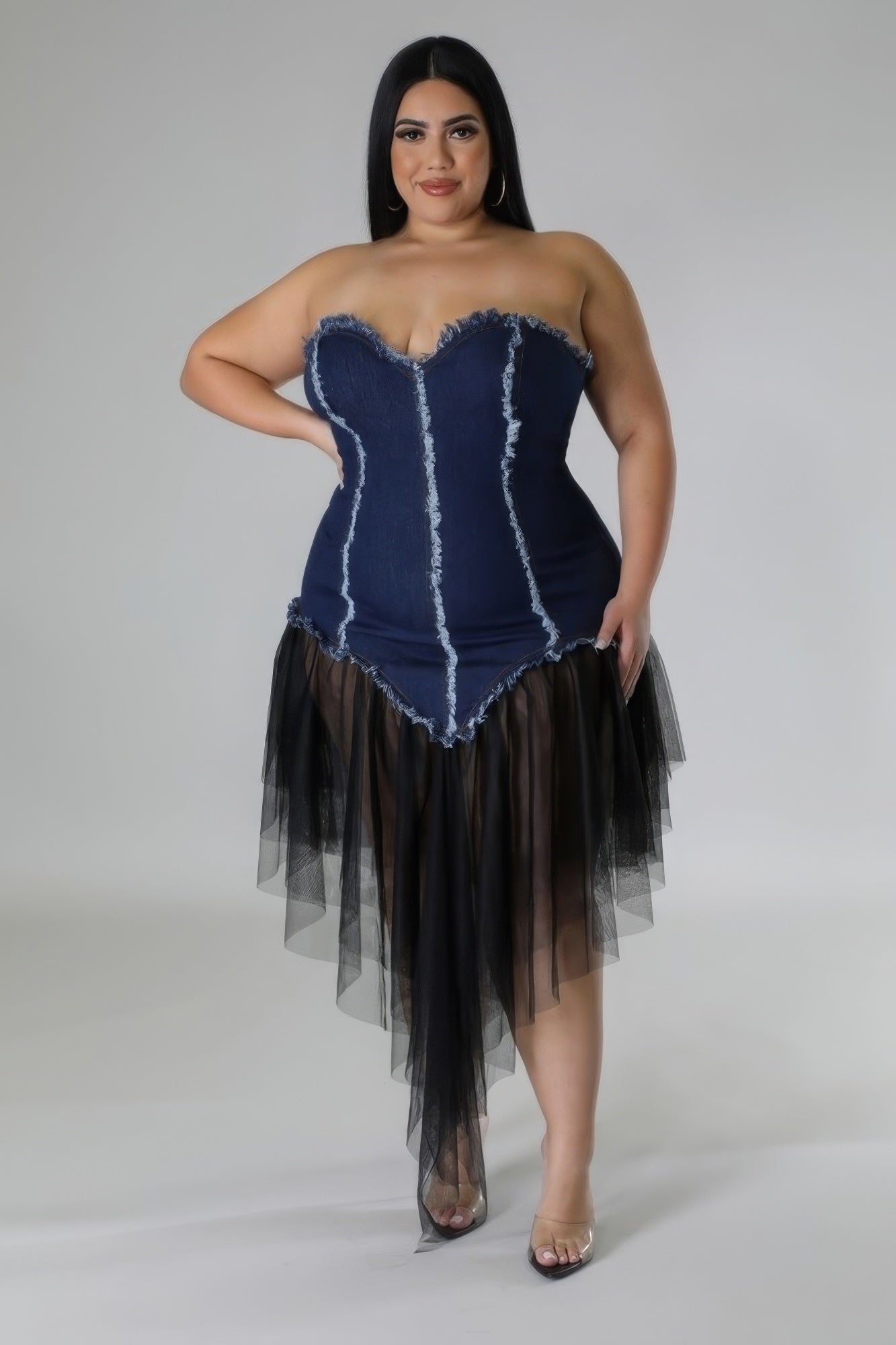 Plus size non-stretch denim tube dress with sweetheart neckline and sheer black skirt, available in sizes 1XL to 3XL.