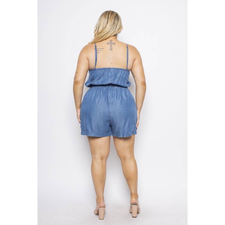 Plus Size Denim V-Neck Romper | Chambray Elastic Waist Pockets