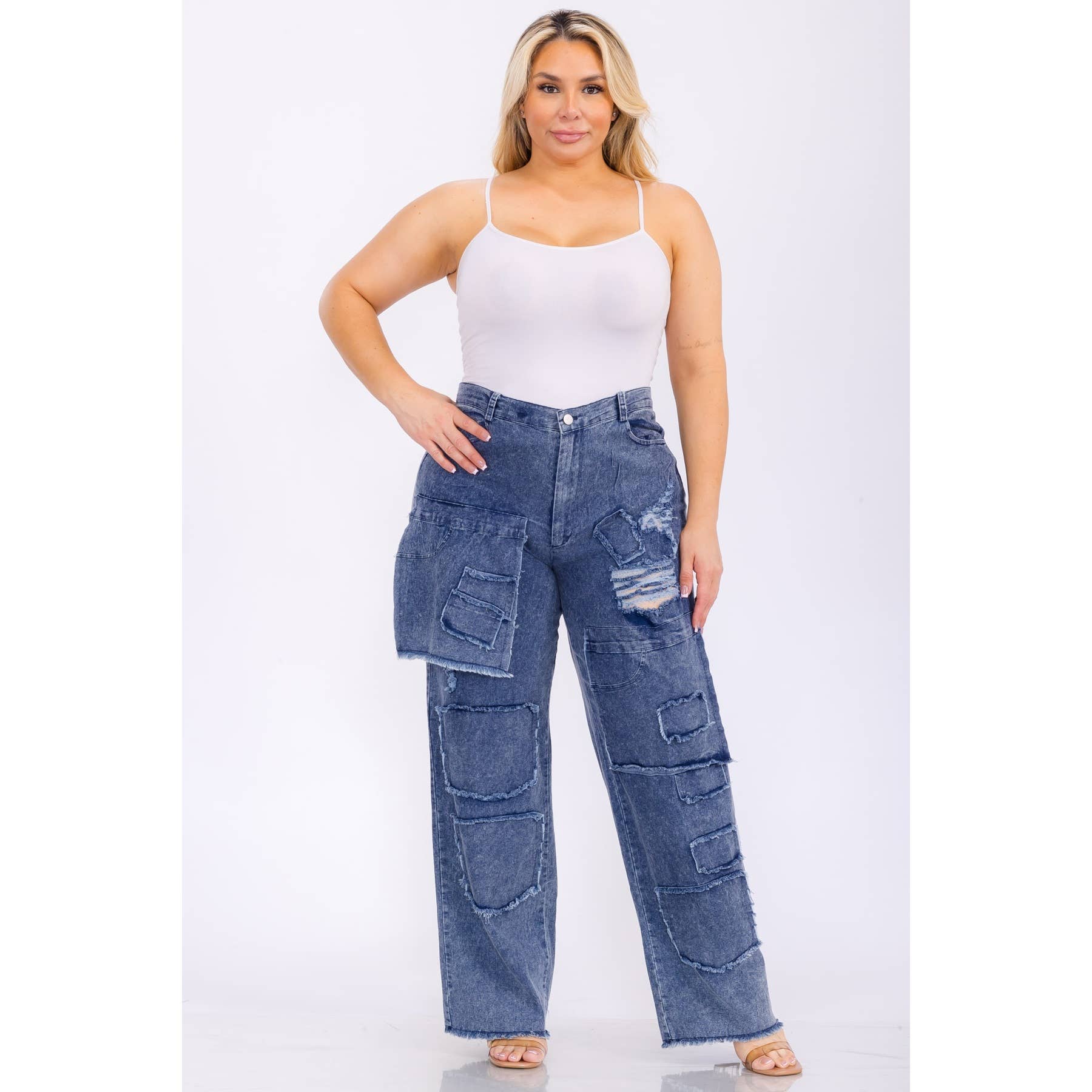 Plus Size Distressed Denim Pants | Wide Leg Patchwork Jeans with Pockets