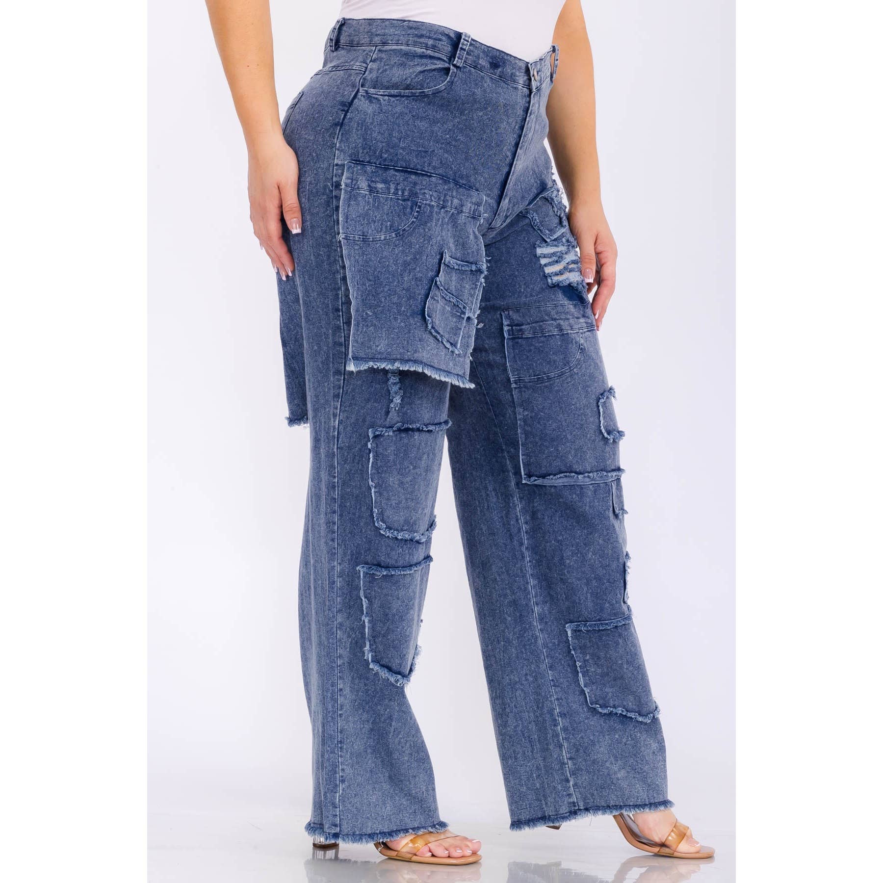 Plus Size Distressed Denim Pants | Wide Leg Patchwork Jeans with Pockets