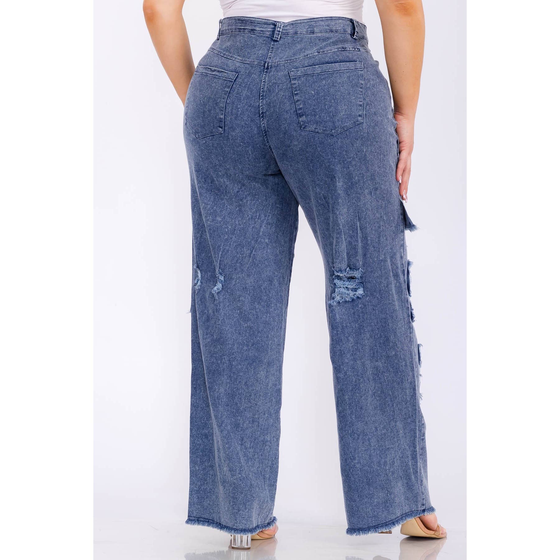 Plus Size Distressed Denim Pants | Wide Leg Patchwork Jeans with Pockets