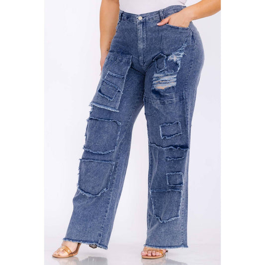 Plus Size Distressed Denim Pants | Wide Leg Patchwork Jeans with Pockets