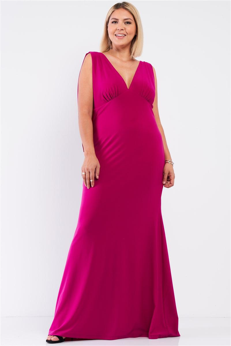 Plus Size Draped Back V-neck Sleeveless Berry Maxi Dress