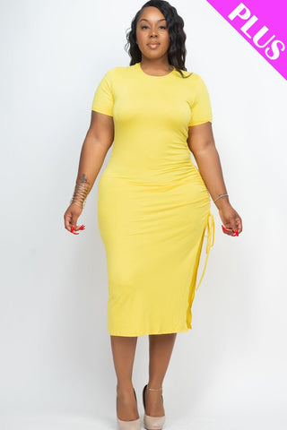 Plus Size Drawstring Ruched Side Split Hem Midi Dress