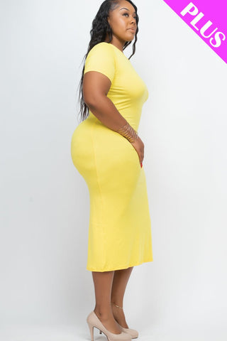 Plus Size Drawstring Ruched Side Split Hem Midi Dress