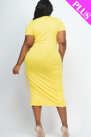 Plus Size Drawstring Ruched Side Split Hem Midi Dress
