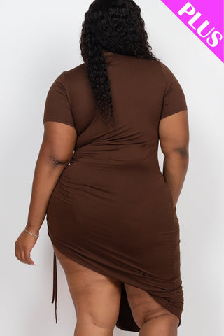 Plus Size Drawstring Ruched Side Split Hem Midi Dress