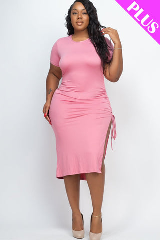 Plus Size Drawstring Ruched Side Split Hem Midi Dress