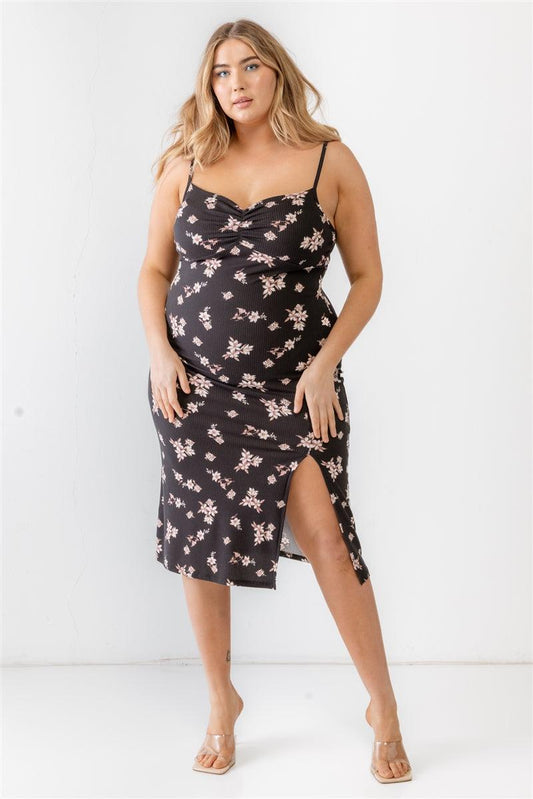 Plus size floral ribbed ruched sleeveless black midi dress with side slit, featuring a girlish-cute look and semi-stretchy fabric.