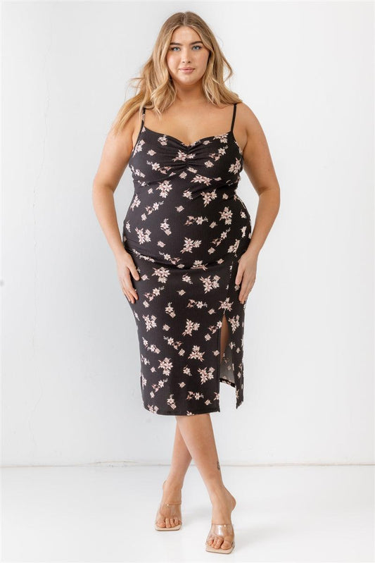 Plus size floral ribbed ruched sleeveless black midi dress with side slit, semi-stretchy fabric, featuring a girlish-cute trendy look.