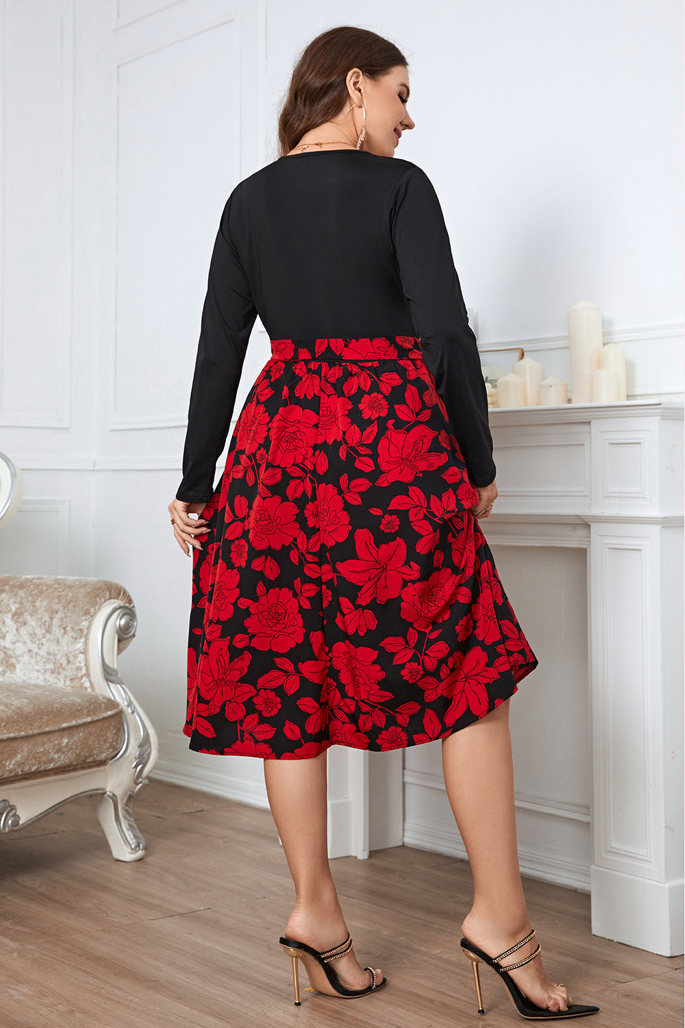 Plus Size Floral  Long Sleeve Dress Surplice Neck