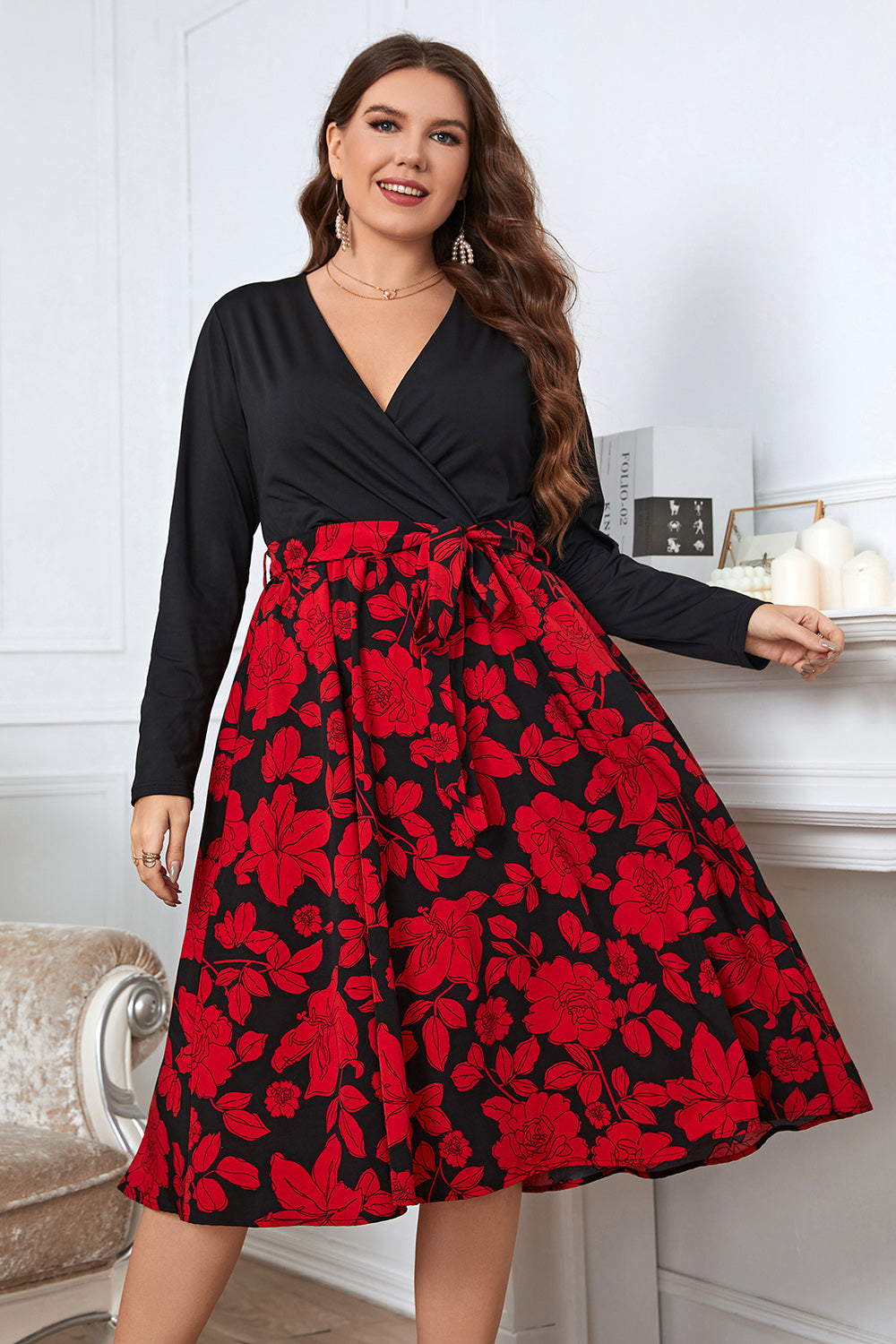 Plus Size Floral  Long Sleeve Dress Surplice Neck