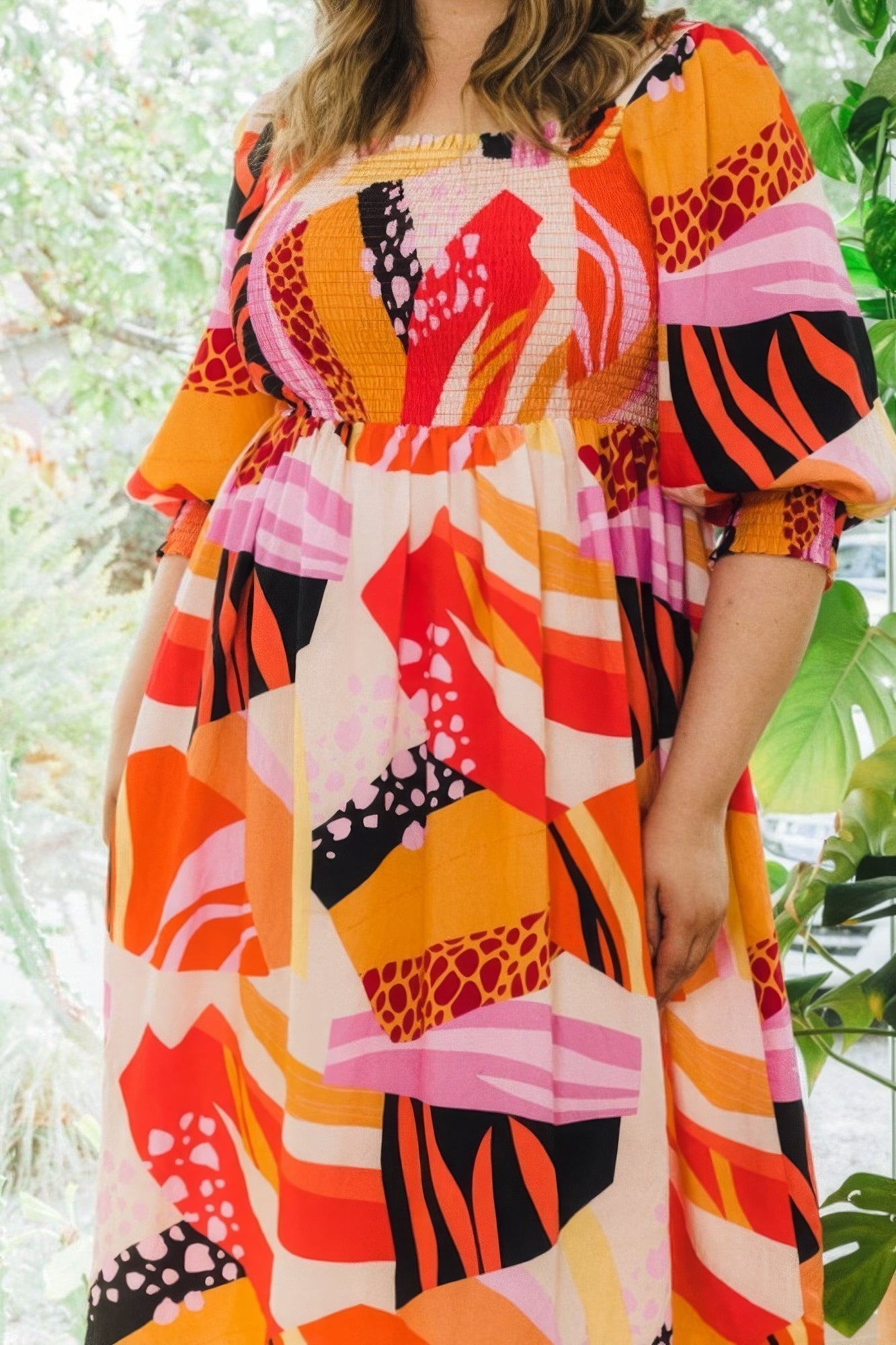 Plus floral print square neckline midi dress with puff sleeves in vibrant coral and pink hues