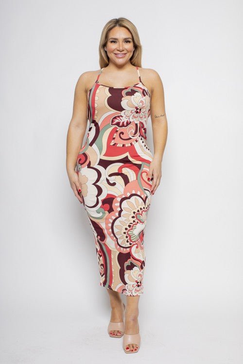 Plus size floral multi print cross back midi dress showcasing vibrant patterns and a flattering fit.