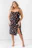 Plus Size Floral Ribbed Ruched Sleeveless Black Midi Dress