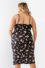Plus Size Floral Ribbed Ruched Sleeveless Black Midi Dress
