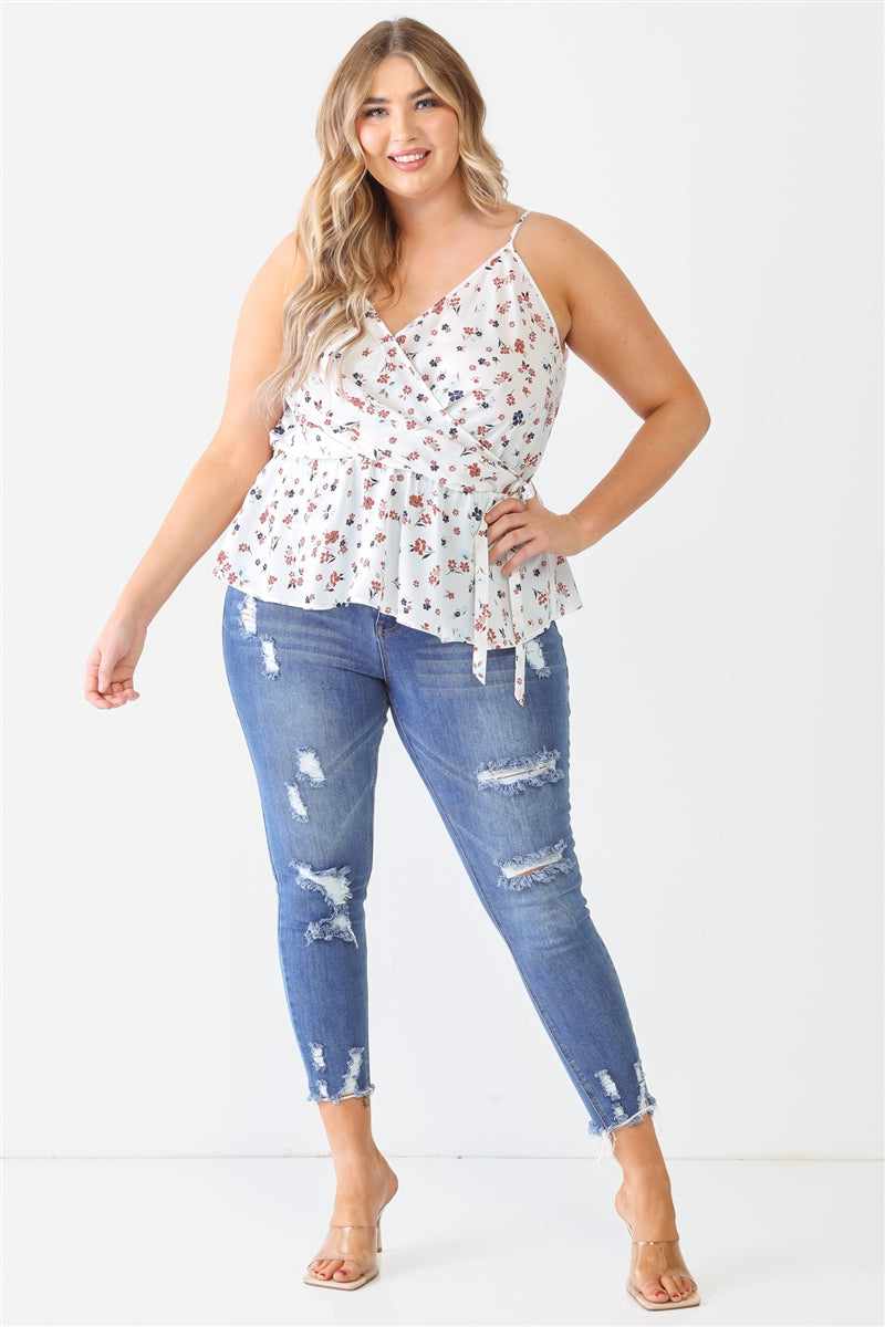 Plus Size Floral Sleeveless White Top Neck Flare Hem 