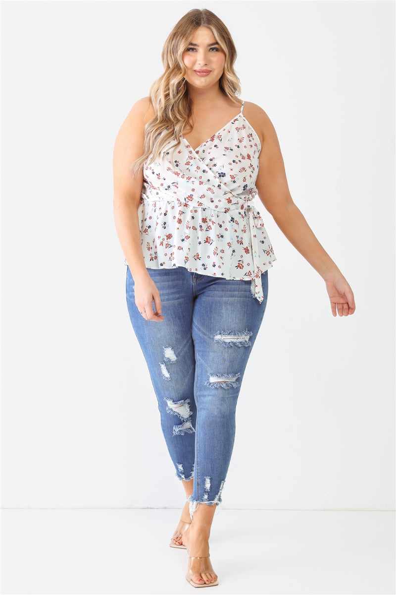 Plus Size Floral Sleeveless White Top Neck Flare Hem 