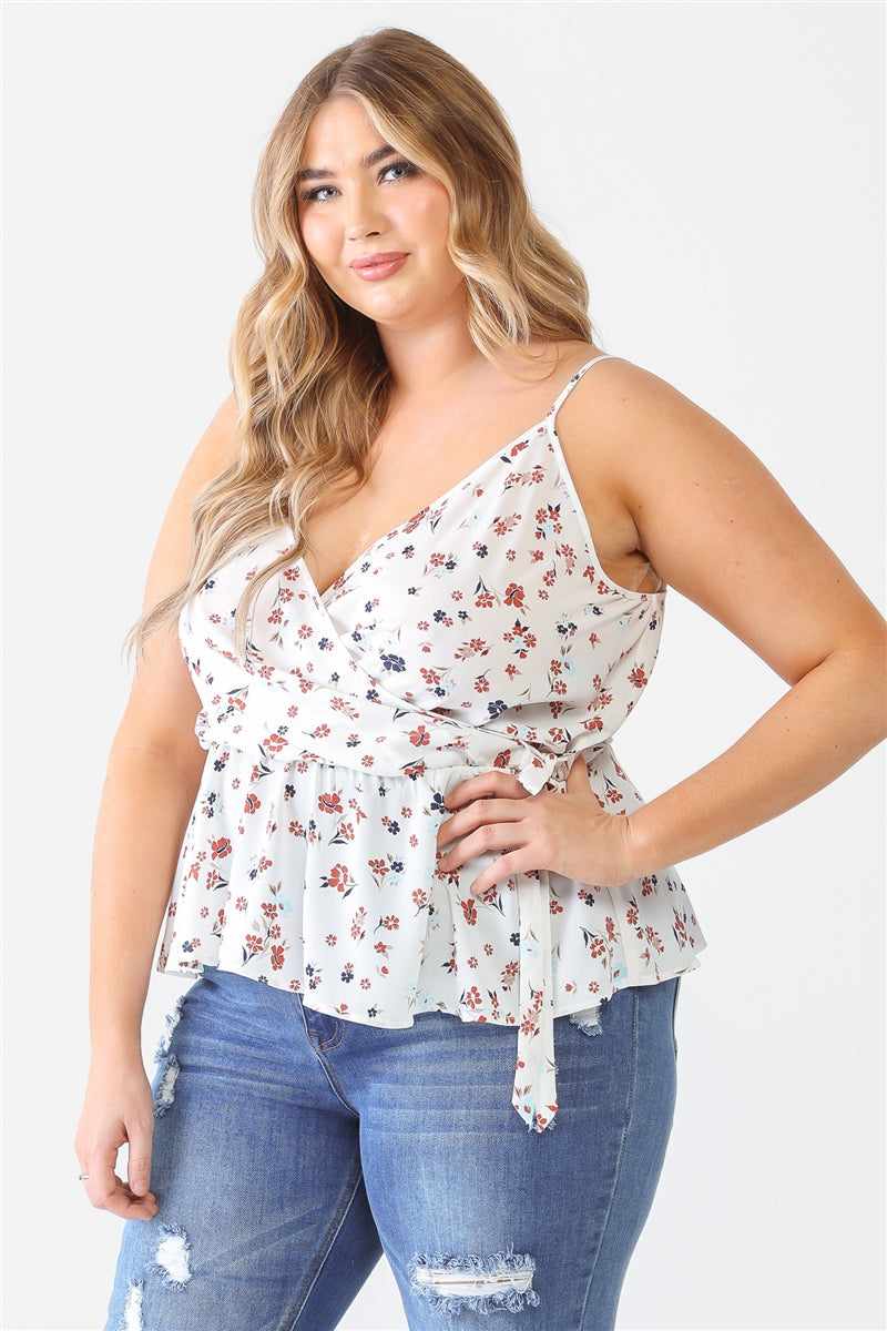 Plus Size Floral Sleeveless White Top Neck Flare Hem 