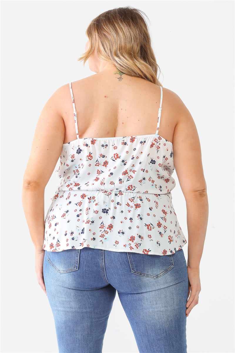 Plus Size Floral Sleeveless White Top Neck Flare Hem 