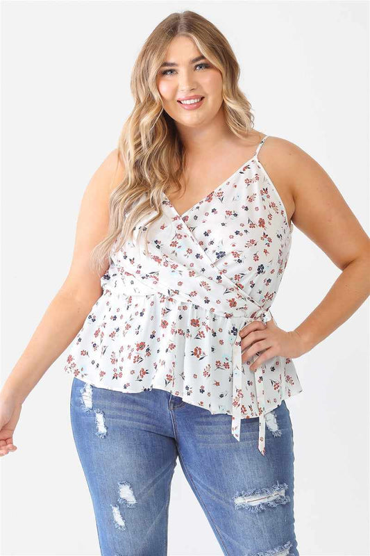 Plus Size Floral Sleeveless White Top Neck Flare Hem 