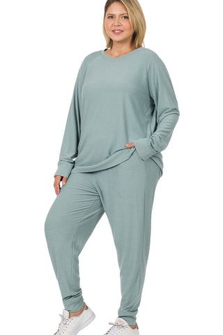 Plus size reverse soft French terry top and jogger pants set in blue grey, cozy and stylish lounge wear outfit.