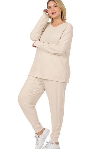 Plus size sand beige French terry top and jogger pants set, soft fabric, comfortable fit.