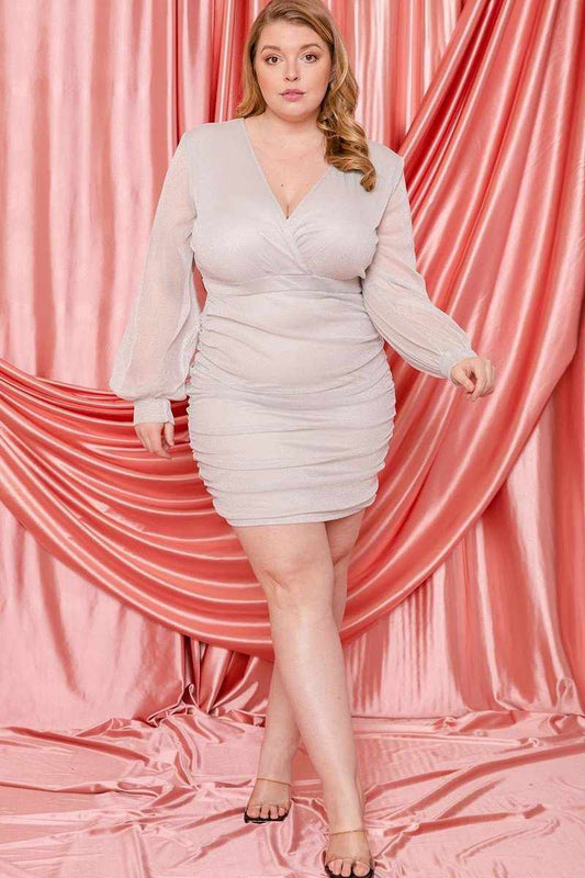  Plus Size Glitter Mesh Shirring Ivory Mini Dress