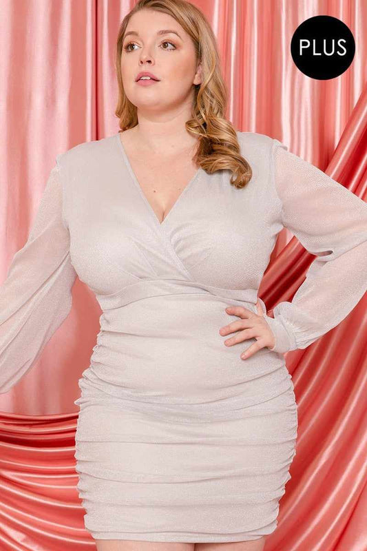  Plus Size Glitter Mesh Shirring Ivory Mini Dress