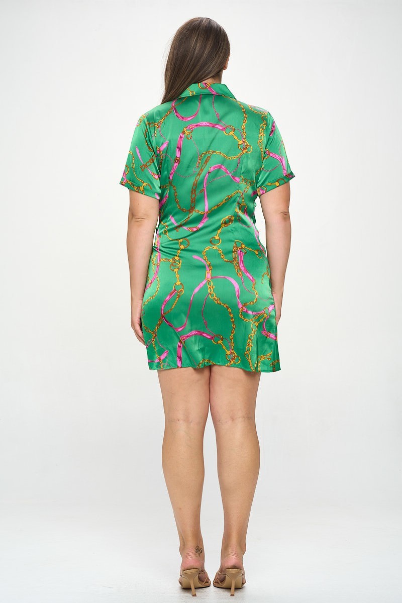 Plus size short sleeve green mini dress with chain belt print and wrap tie, back view.