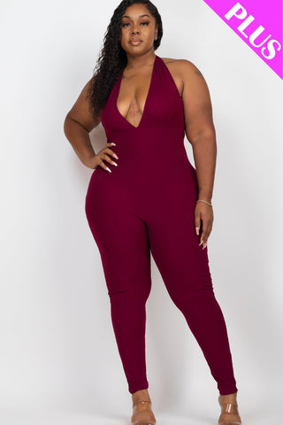 Plus Size Halter V Neck Ribbed Bodycon Jumpsuit