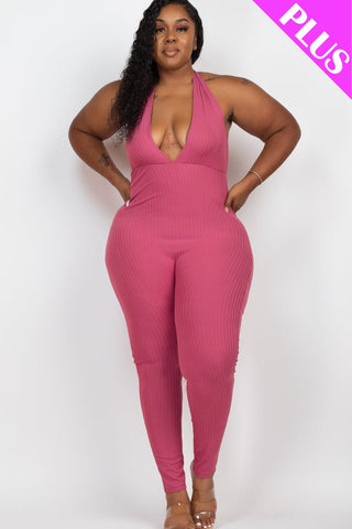 Plus Size Halter V Neck Ribbed Bodycon Jumpsuit