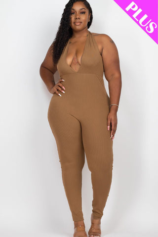 Plus Size Halter V Neck Ribbed Bodycon Jumpsuit