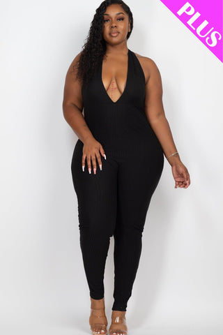 Plus Size Halter V Neck Ribbed Bodycon Jumpsuit