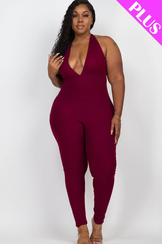 Plus Size Halter V Neck Ribbed Bodycon Jumpsuit