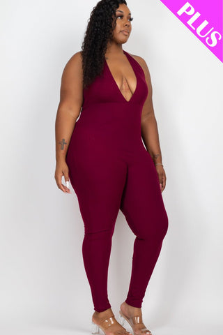 Plus Size Halter V Neck Ribbed Bodycon Jumpsuit