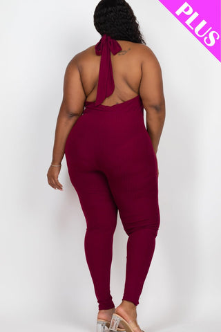 Plus Size Halter V Neck Ribbed Bodycon Jumpsuit