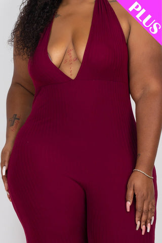 Plus Size Halter V Neck Ribbed Bodycon Jumpsuit