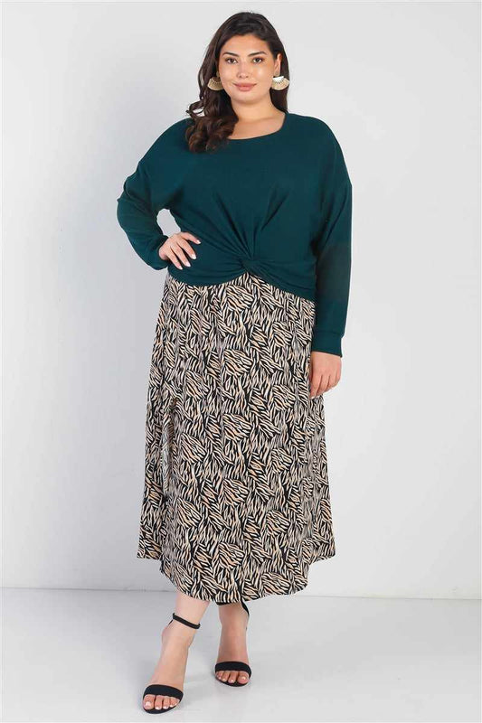 Plus Size Hunter Green Flannel Ribbed Twisted Detail Top