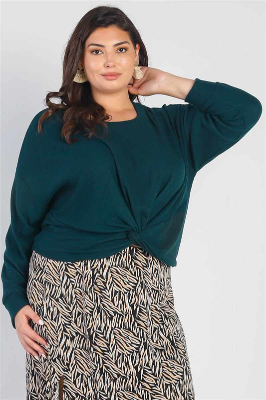 Plus Size Hunter Green Flannel Ribbed Twisted Detail Top