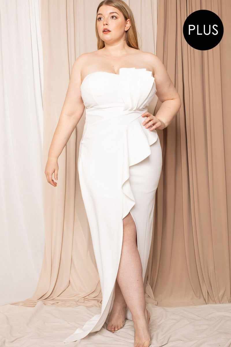 Plus size ivory pleated tube top maxi dress with ruffle and front slit, featuring a zipper back.