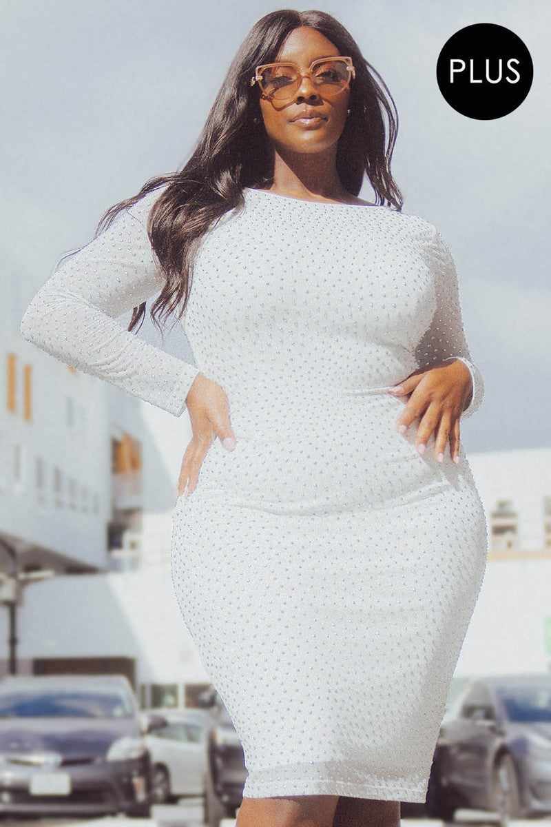 Plus size ivory midi dress with sheer sleeves and silver rhinestones, worn by model outdoors, featuring a V-back and back slit hem.