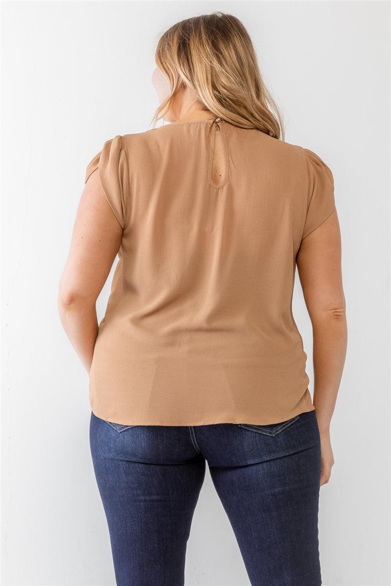 Plus size khaki textured short sleeve blouse with back button loop and cap sleeves, made from koshibo fabric.