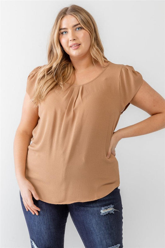 Plus size khaki textured short sleeve blouse with crew neckline and cap sleeves, casual and stylish fit.