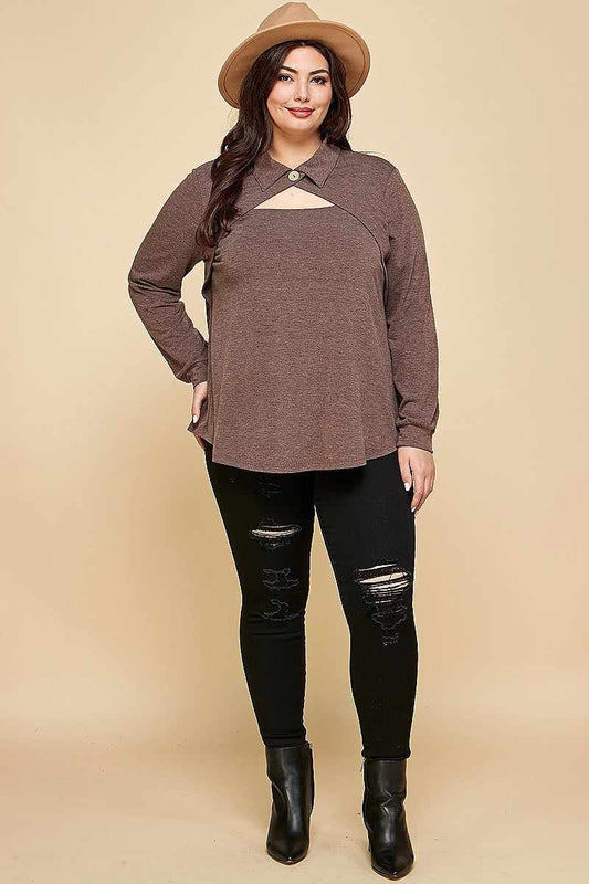 Plus Size Solid Long Sleeve Brown Top with Cut Out Collar and Button Detail