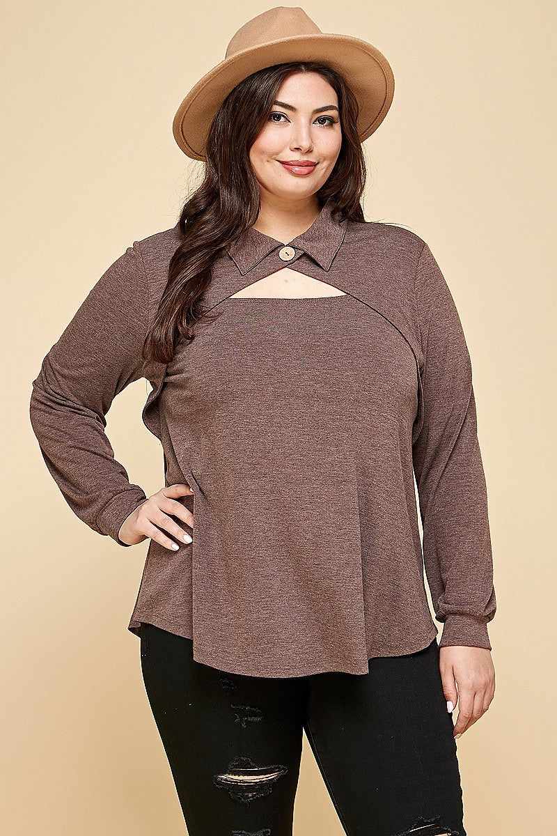 Plus size brown long sleeve top with cut-out collar, button neckline, worn by woman with hat, fashion style, EME design.