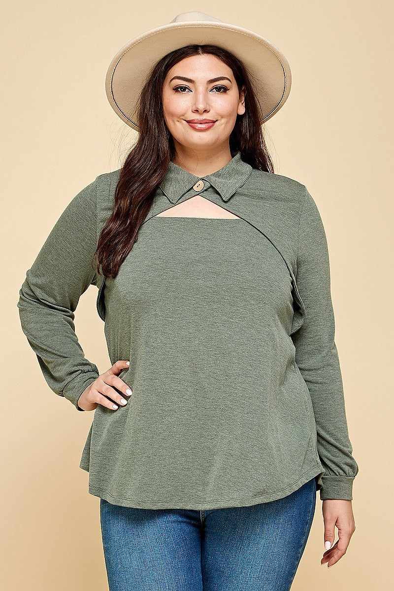 Plus size model wearing olive long sleeve top with cut out collar and button neckline, styled with a hat for a fashion-forward look.